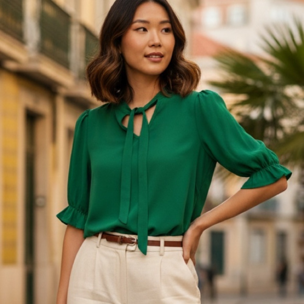 SHEIN Vibrant Green Blouse with Tie Neck